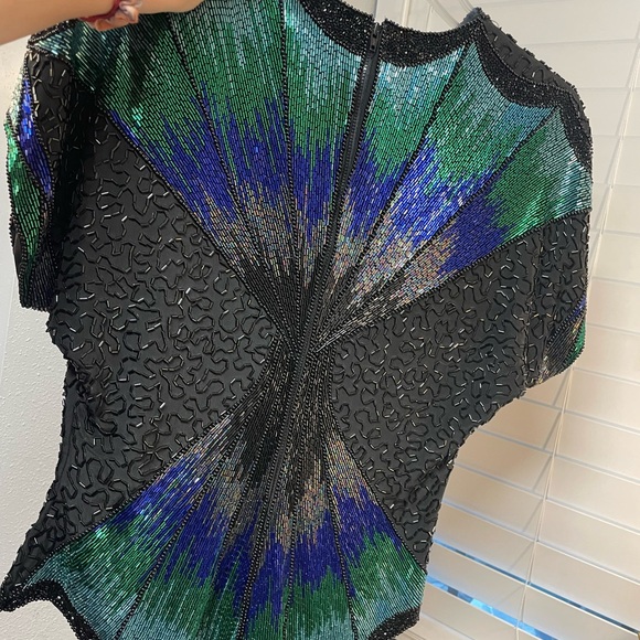 Oleg Cassin Beaded black, blue and green top - Picture 5 of 11